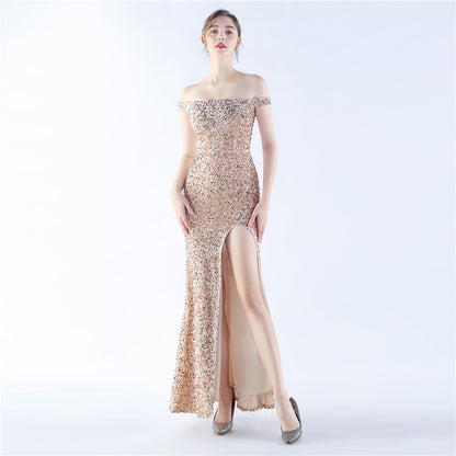 Velvet Bottom Handmade Sequin Cocktail Celebration Etiquette off Neck Evening Dress