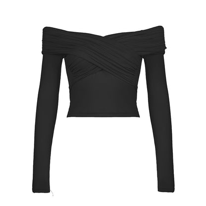 Light Mature Woman Solid Color Pleated Cross Tight Long Sleeve Autumn Winter Elegant Bottoming Top