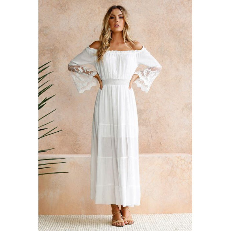 Sexy Off Shoulder Lace Patchwork Flared Sleeves Dress Maxi Dress