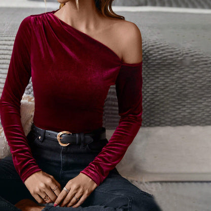 Diagonal Collar Adult Lady Woman Elegant T Shirt Autumn Winter Long Sleeve Slim Bottoming Wine Red Top Women