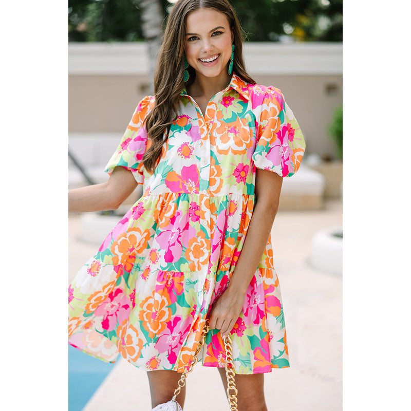 Summer Floral Print Puff Sleeve Dress Women Sweet Cute Knee Length Dress Women