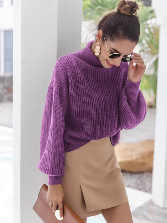 Women Live Shot Elegant Graceful Design Half Turtleneck Soft Glutinous Purple Knitted Sweater