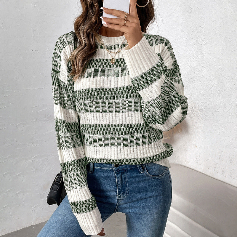 Top Autumn Winter Women Clothing Casual Striped Contrast Color Sweater