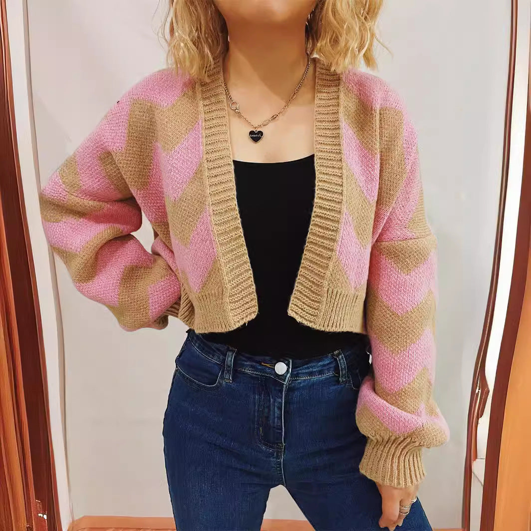 Japanese Korean Early Spring Wave Striped Contrast Color Long Sleeves Drop Shoulder Sweater Short Sweater Cardigan