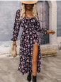 Autumn Floral Print Slit Square Collar Slimming Long Sleeve Dress