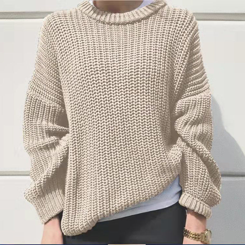 Autumn Winter Casual Simple Thick Needle Long Sleeve Round Neck Loose Knitted Pullover Sweater Women