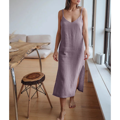 Spring Summer Women V Neck Strap Dress Cotton Double Layer Crepe Slit Hemline At Hem Midi Dress