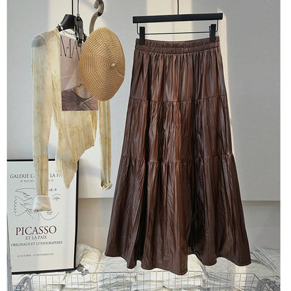 Autumn Pleated High Waist Slimming All Match Tutu Women Clothing Leather Skirt Casual Pleated A line Skirt