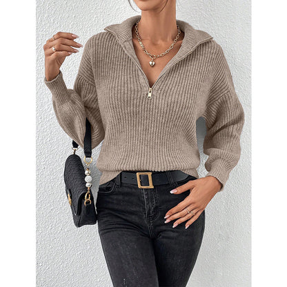 Zipper Pullover Sweater Solid Color Loose Casual Polo Collar Long-Sleeve Zipper Sweater Women