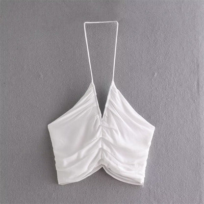 Summer Women Clothing White Sexy Sexy Pleated Halter Spaghetti Straps