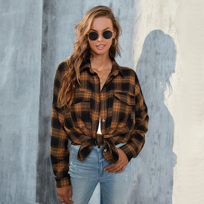 Women Long Sleeved Plaid Button Shirt Full Color Uniform Size Jacket