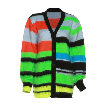 Summer Women Clothing Color Contrast Striped Long Sleeve Street Cardigan Fluff Loose Casual Top