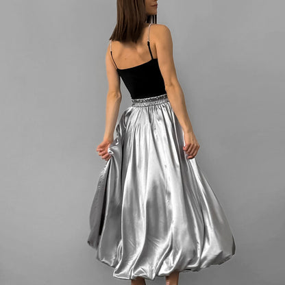 French Design Reflective Cloth High Waist Balloon Autumn Women Long Skirt