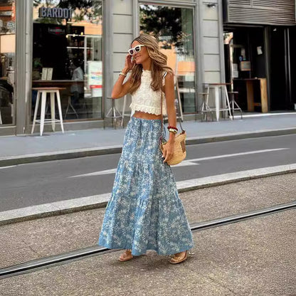 Skirt Summer Printed Elastic Waist Big Hem Skirt