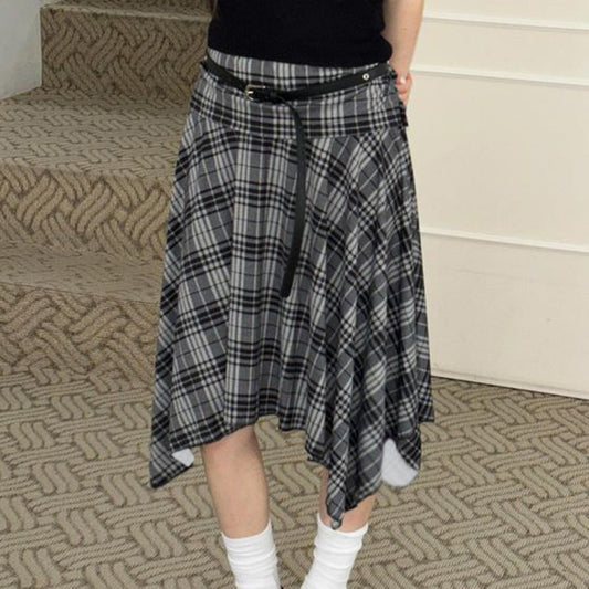 Girls College Retro Plaid Irregular Asymmetric Skirt Cute Youth Looking Low Waist Slimming Casual Midi Skirt No Belt