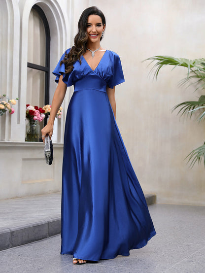 Summer Women Clothing V Neck Waist Design Satin Dress Elegant Graceful Waist Dress