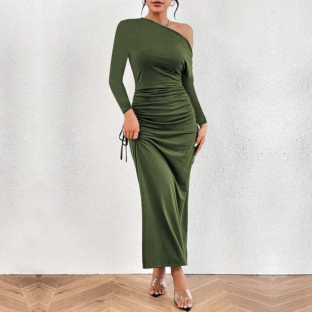 Women Clothing French Diagonal Collar Sexy Dress Autumn Winter Unique Design High Waist Dress