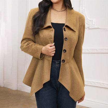 Elegant Office Casual Collared Irregular Asymmetric Open Placket Suede Loose Long Sleeve Jacket Women Clothing