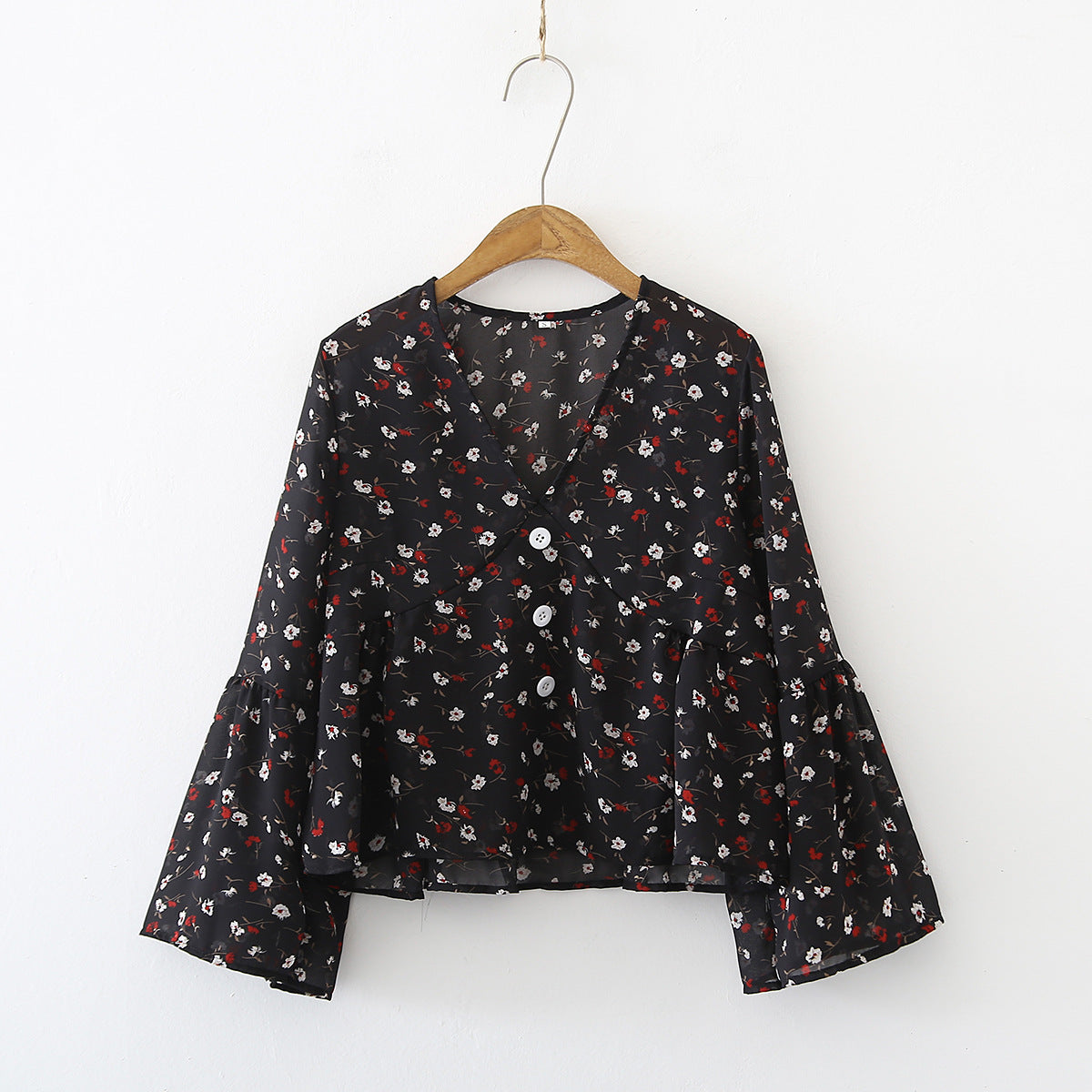 Breasted Skirt Baby Shirt Top Fresh Vintage Floral V neck Flared Sleeves Chiffon Shirt for Women