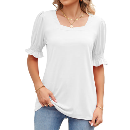 Summer Solid Color Square Collar Princess Sleeves Short Sleeve Loose T shirt Top