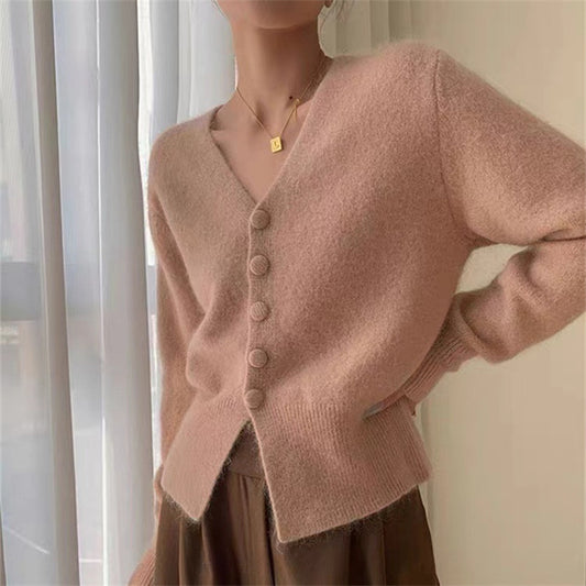 Solid Color Trendy Knitted Cardigan Women Autumn Loose V Neck Casual Fitted Waist Sweater Coat