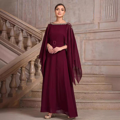 Solid Color Shawl Sleeve round Neck Belt Chiffon Elegant Cocktail Evening Dress