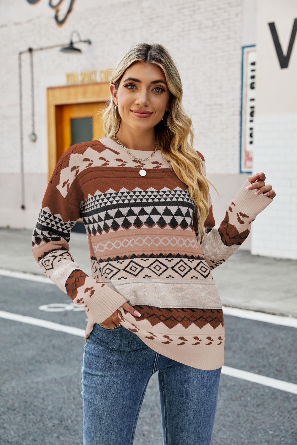 Autumn Winter Retro Pattern Rhombus Jacquard Multi Color Knitwear Loose Crew Neck Pullover Sweater Women