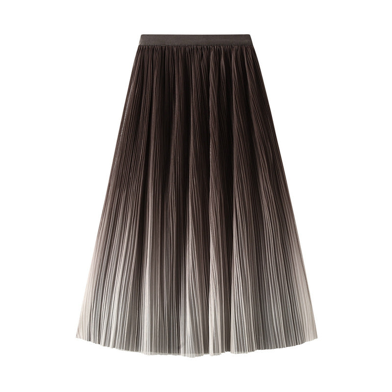 Women Elegant Graceful Gradient Color Pleated Skirt Spring Summer Light Luxury High Waist A line Skirt