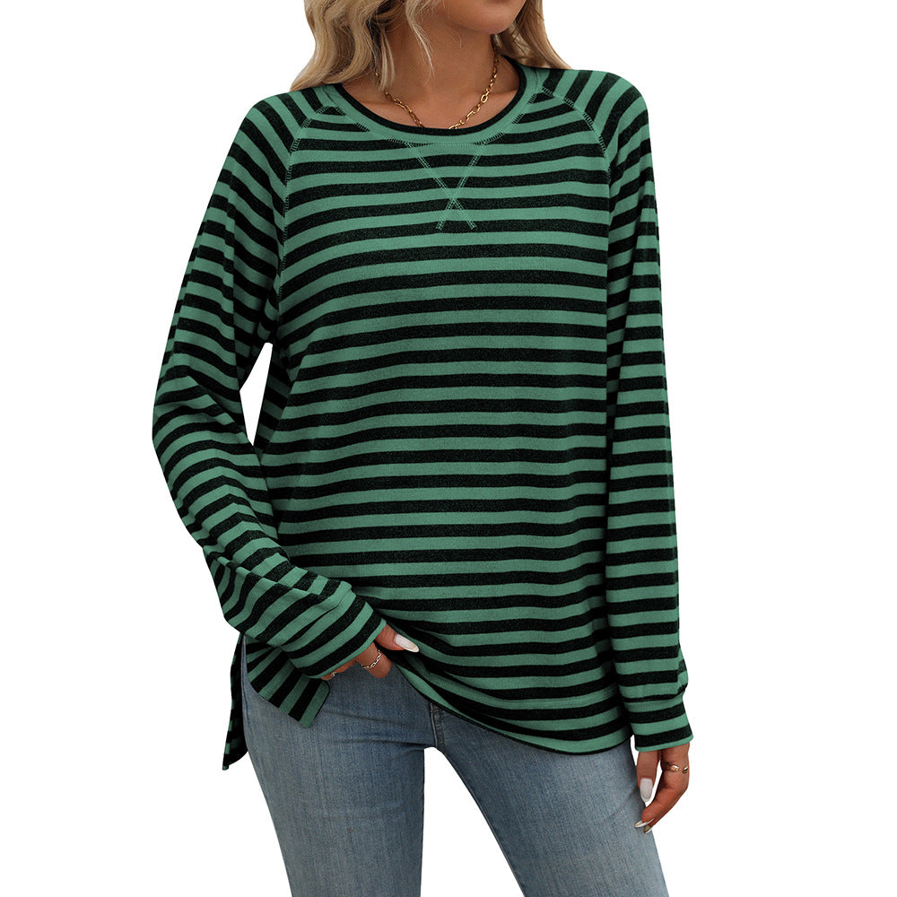 Autumn Winter Striped Contrast Color round Neck Long Sleeve Loose Fitting T shirt Top Women