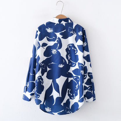 Women Long Sleeves Floral Print Loose Collared Shirt