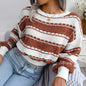 Autumn Winter Color Contrast Long Sleeve Knitted Sweater Women Clothing