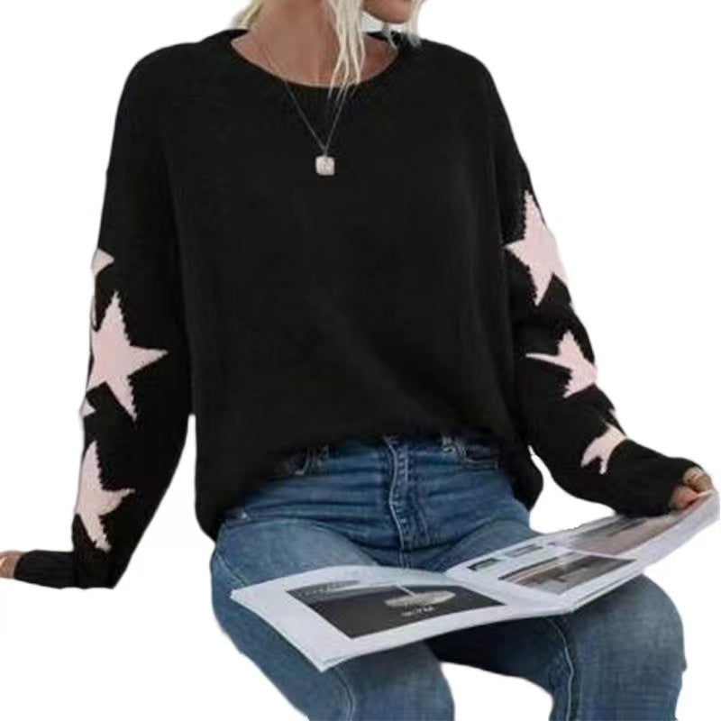 Autumn Winter Women Long Sleeved Knitted Jacquard Round Neck Pullover Casual All Match Sweater