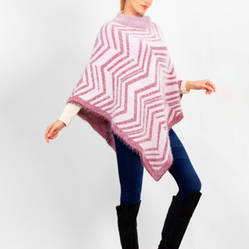 Women Knitting Sweater Striped Jacquard Irregular Asymmetric Shawl Cape Women