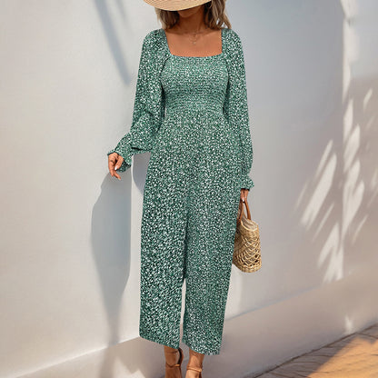 Women Jump Suit Square Collar Puff Sleeve Wide Leg Pants Long Sleeve Vacation Floral Jumpsuit