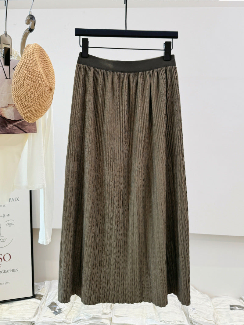 Autumn Pleated Casual Skirt Draping Effect Waist Tight Slimming Skirt Flab Hiding Cover A Line Skirt