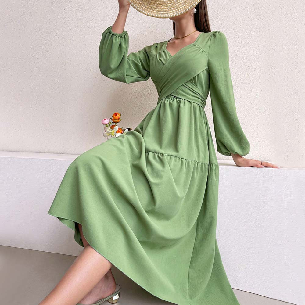 Women Clothing Elegant Youthful Looking Dress Autumn Winter Little Fresh V neck Green Midi Dress