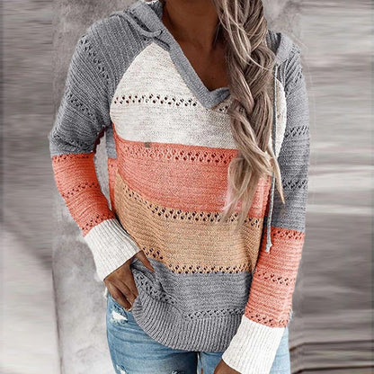 Plus Size Autumn Winter Women Clothing Long Sleeve Loose Hollow Out Cutout Contrast Color Knitted Sweater Hooded Sweater