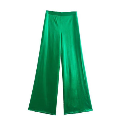 Early Autumn Women Clothing Silk Satin Texture Hanging Collar Short Top Straight Leg Trousers Suit