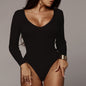 Autumn Winter Women Clothing Sexy Slim V neck Solid Color Long Sleeve Base Bodysuit