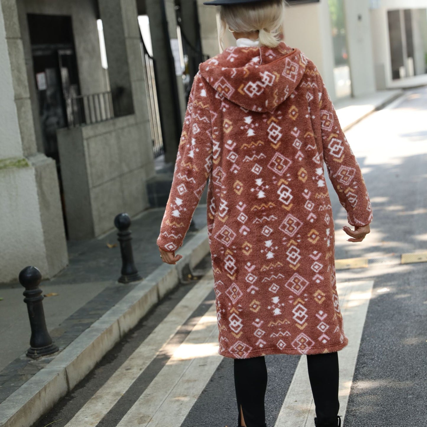 Ladies Hooded Long Sleeve Geometric Abstract Printed Single Breasted Extended Regular Plush Coat