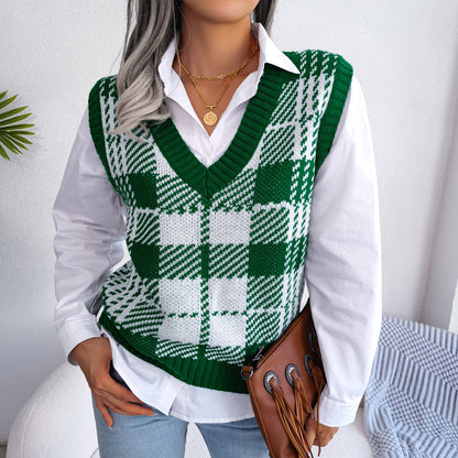 Autumn Winter Casual Color Contrast Check Knitted Vest Sweater Vest Women Clothing