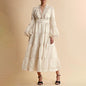 French Elegant Retro Spring V neck Long Sleeve Belt Waist Design Long Solid Color Wide Hem Dress