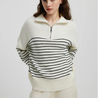 Autumn Winter Women Clothing Turtleneck Striped Color Matching Long Sleeve Zipper Pullover Knitted Sweater Women