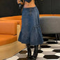 Women Clothing Denim Skirt Autumn Denim Retro Irregular Asymmetric Drawstring Denim Long Skirts