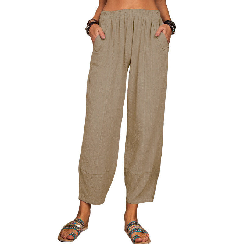 Summer Solid Color Loose Cotton Linen Casual Pants Home Harem Trousers Women