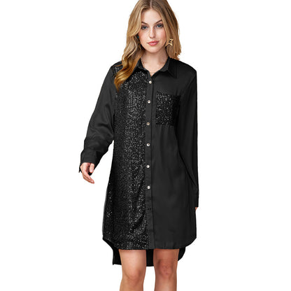 Autumn Shirt Long Sleeved Dress for Women All Match Sequin Stitching Knee Length Dress for Women