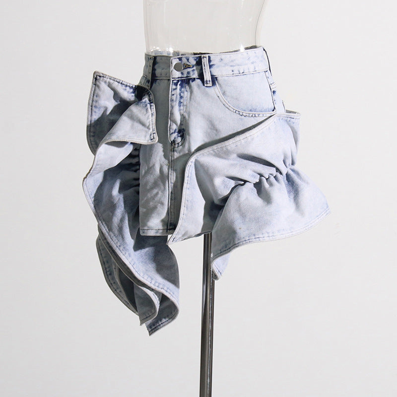 High Street Sexy Niche Design Patchwork Ruffled High Waist A line Denim Women