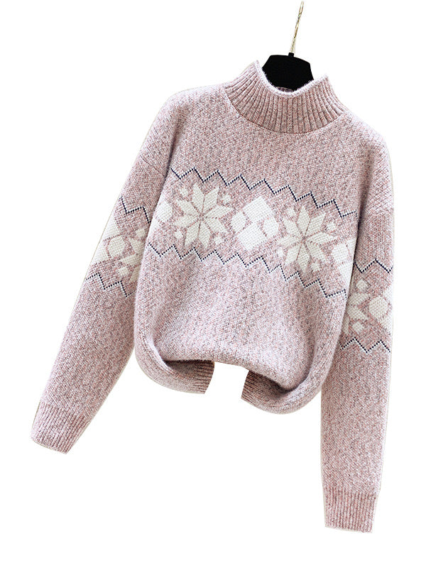 Autumn Winter Half Turtleneck Pullover Women Clothing Snowflake Jacquard Sweater Chenille Top