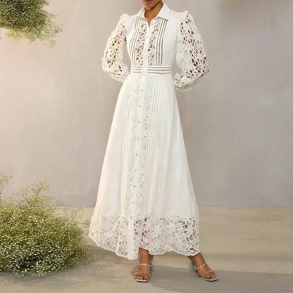 French High Grade Dress Summer Women Clothing Collared Embroidery Hollow Out Cutout out Cinched Maxi Dress Women