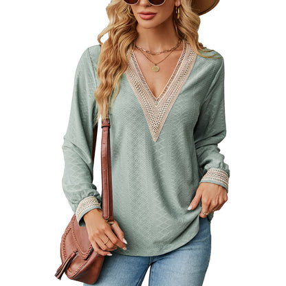 Autumn Winter Lace V-neck Patchwork Loose Long-Sleeved T-shirt Top Women Clothing